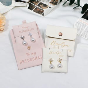 Pearl Bridesmaid Earrings with Bow: Silver Ear Hooks & Jewelry Pouch
