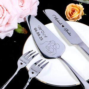 Personalized Wedding Cake Set Custom Engraved Silver Pie Pastry Cutting Kit Anniversary Housewarming Keepsake for Couple Forks, Knife Sliver