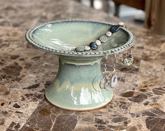 Large Pedestal Earring Holder Bowl in Lagoon Glaze (mossy sage green) / earring holder | earring tree | earring bowl |