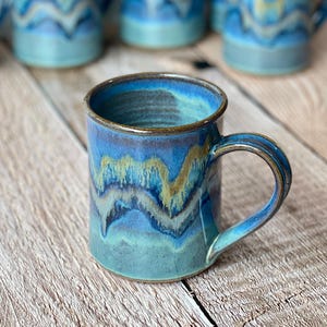 Wheel thrown pottery mug in Autumn Grove Glaze / 14-16oz straight shape / stoneware pottery mug / SOLD INDIVIDUALLY