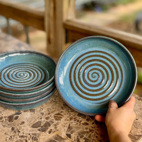 Stoneware pottery pasta plate in Rain Glaze- small size; ridged swirl.  pasta bowl / salad plate / pottery dinnerware SOLD INDIVIDUALLY