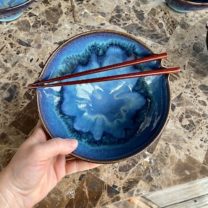 Ramen bowl with chopstick rest in Abyss glaze. Wheel thrown stoneware pottery rice / noodle bowl. Sold Individually-option to add chopsticks