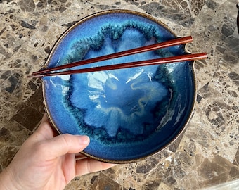 Ramen bowl with chopstick rest in Abyss glaze. Wheel thrown stoneware pottery rice / noodle bowl. Sold Individually-option to add chopsticks