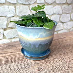 Ceramic planter with attached drip dish in Bayou glaze. Wheel thrown stoneware pottery