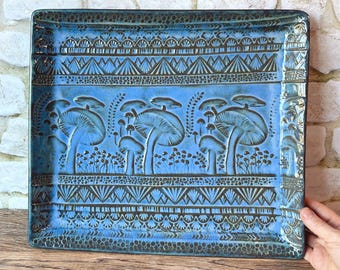 Large stoneware pottery serving platter with unique mushroom texture design in Rain glaze. Serving tray for parties, charcuterie