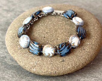 Blue on blue stoneware pottery link bracelet