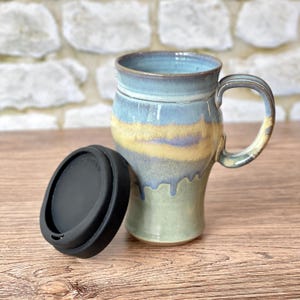 Ceramic Travel Mug in Mirage Glaze. Wheel thrown pottery mug fits in car cup holder! 18oz capacity / commuter mug / car cup holder mug