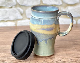 Ceramic Travel Mug in Mirage Glaze. Wheel thrown pottery mug fits in car cup holder! 18oz capacity / commuter mug / car cup holder mug