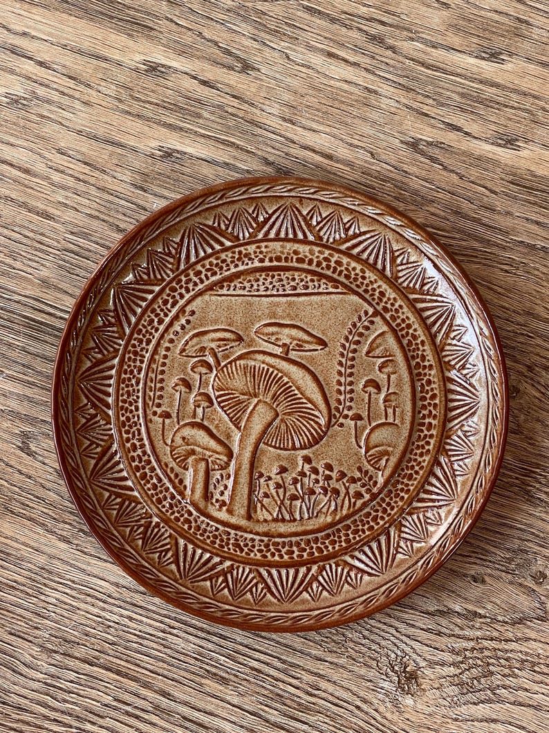 10" Wheel thrown stoneware pottery plate with unique mushroom texture design in Wheat Tan glaze image 3