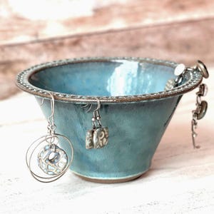Stoneware Earring Bowl, Foggy Green/Blue Glaze, Ceramic Jewelry Organizer Dish