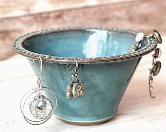 Stoneware Earring Bowl in Rain glaze, Foggy Green/Blue Glaze, Ceramic Jewelry Organizer Dish