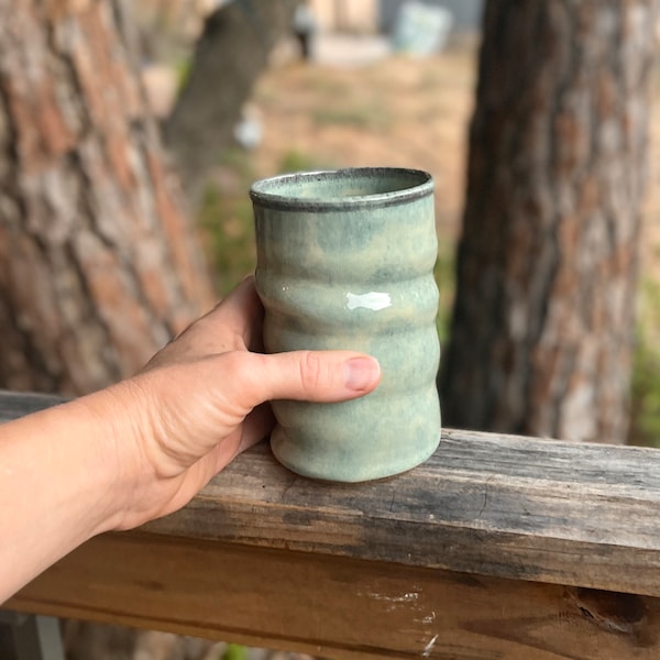 Wheel thrown tumblers, juice cups in Lagoon glaze. Rustic, casual, soft mossy sage green. Sold individually, priced per cup.