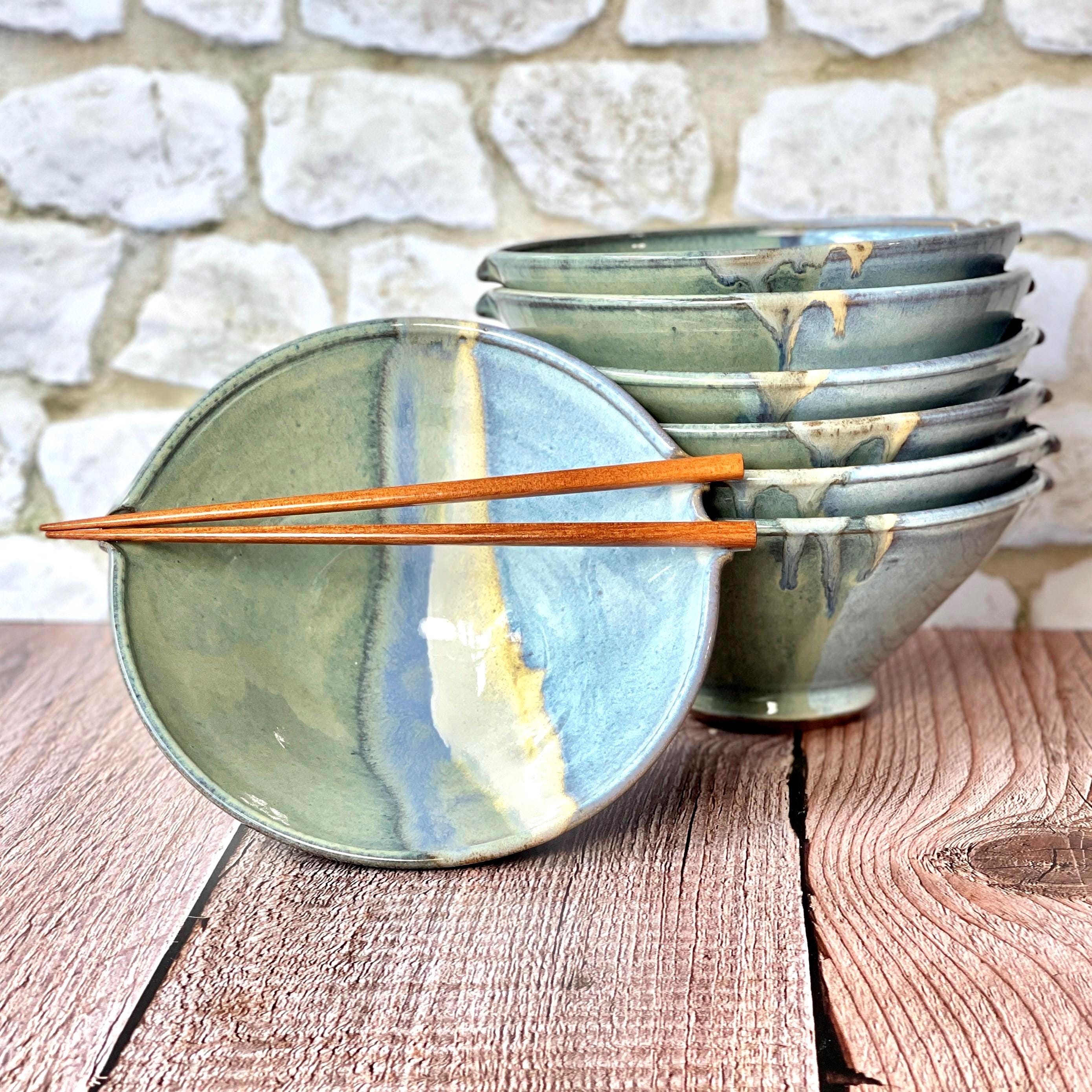 Ramen Bowl With Chopstick Holder in Mirage Glaze. Wheel Thrown