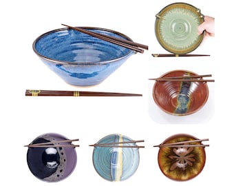 Wheel thrown pottery ramen bowl w/ built in chopstick rest & chopsticks // noodle bowl // rice bowl // MADE TO ORDER- allow 6wks