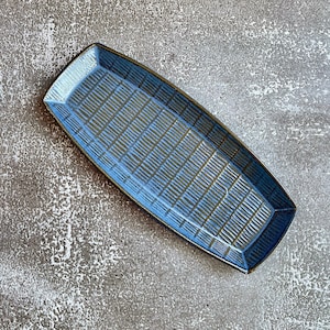 Textured ceramic serving tray in Denim Blue. Unique stoneware pottery accent plate