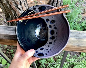 Ramen bowl with chopstick rest in Midnight glaze (subdued eggplant purple and glossy black) Wheel thrown, dishwasher safe. SOLD INDIVIDUALLY