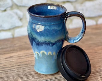 Ceramic Travel Mug With Optional Lid in Abyss Glaze. Wheel thrown pottery mug - 18oz capacity  car cup holder mug