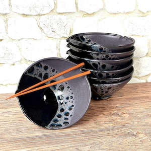 Ramen bowl with chopstick rest in Midnight glaze (subdued eggplant purple and glossy black) Wheel thrown, dishwasher safe. SOLD INDIVIDUALLY