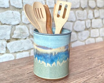 Stoneware pottery utensil jar in Mirage glaze. Handmade wheel thrown pottery / utensil crock / spoon jar / kitchen utensil holder