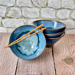 Ramen bowl with chopstick rest in Abyss glaze. Wheel thrown stoneware pottery rice / noodle bowl. Sold Individually-option to add chopsticks