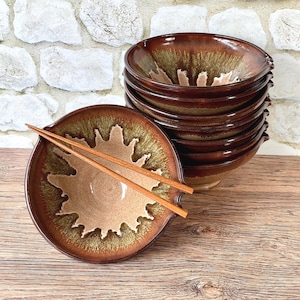 Ramen bowl in Desert glaze (Theo style).Wheel thrown stoneware pottery bowl w/chopstick rest & optional wooden chopsticks. SOLD INDIVIDUALLY