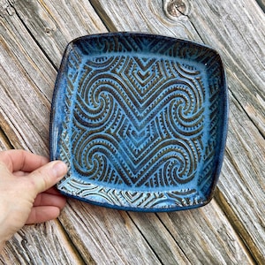 Square salad plate in Celestial Blue glaze. 7.25” rounded square with textured design. Unique stoneware pottery accent plate. Ceramic tray