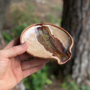 Pottery Spoon Rest in Desert Glaze. Wheel thrown stoneware pottery spoonrest in warm neutral browns