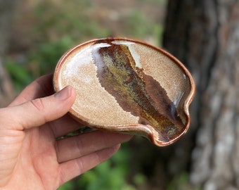 Pottery Spoon Rest in Desert Glaze. Wheel thrown stoneware pottery spoonrest in warm neutral browns