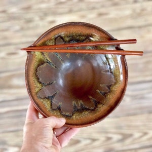Rice or Noodle bowl with optional wooden chopsticks in Toffee glaze. Wheel thrown stoneware pottery ramen bowl. Sold Individually