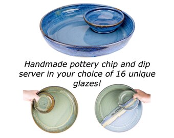 Hand thrown pottery chip and dip dish with attached bowl in your choice of glaze! Party platter / serving dish / MADE TO ORDER-Allow 8 weeks