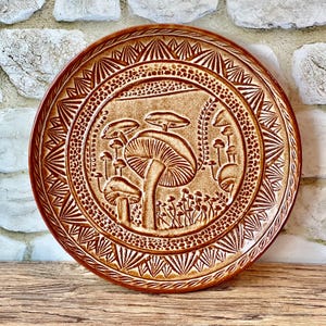 10" Wheel thrown stoneware pottery plate with unique mushroom texture design in Wheat Tan glaze image 4
