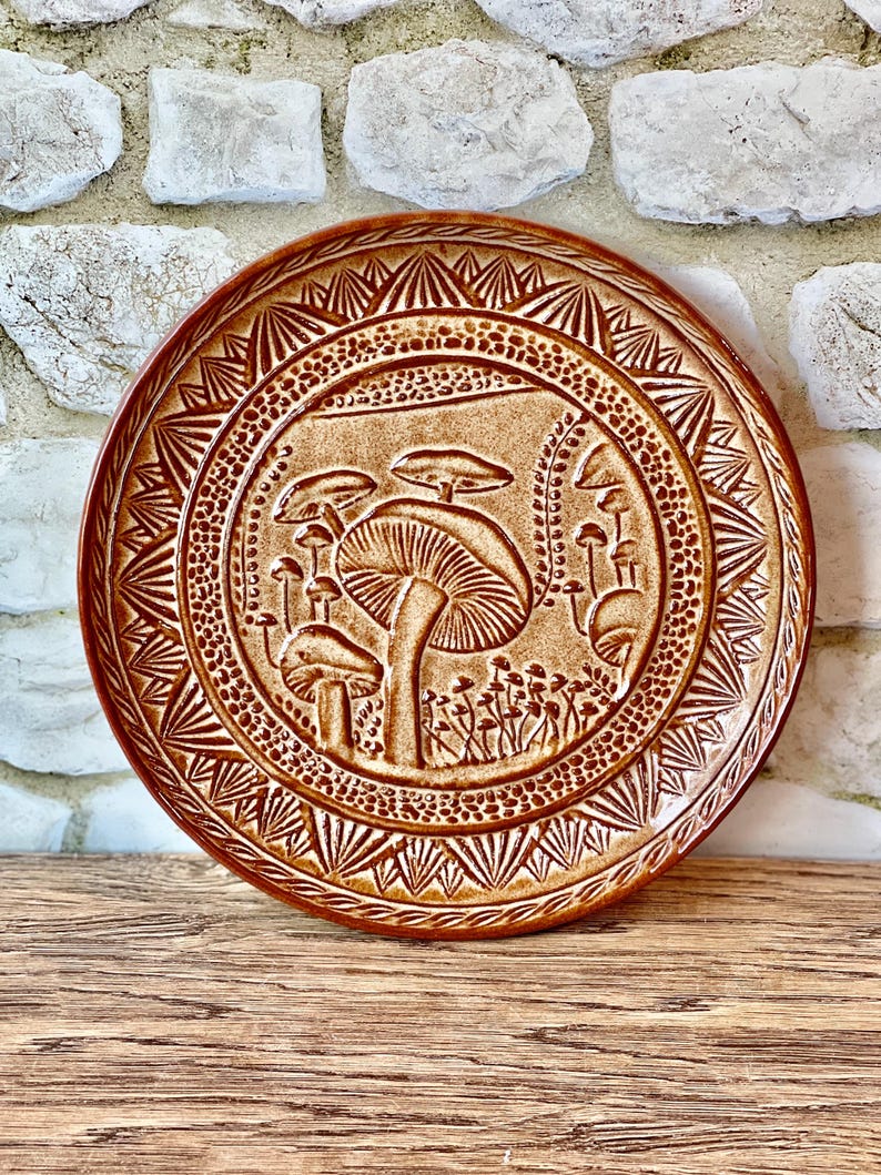 10" Wheel thrown stoneware pottery plate with unique mushroom texture design in Wheat Tan glaze image 4