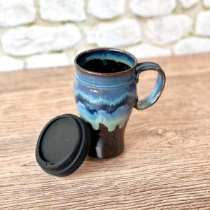 Ceramic Travel Mug With Optional Lid in Deep Space Glaze. Wheel thrown pottery  car cup holder mug - 18oz capacity / SOLD INDIVIDUALLY
