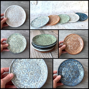 Ceramic plate with floral design 5.5"-6" wide. Wheel thrown stoneware pottery with an echinacea texture print. Choice of 6 colors