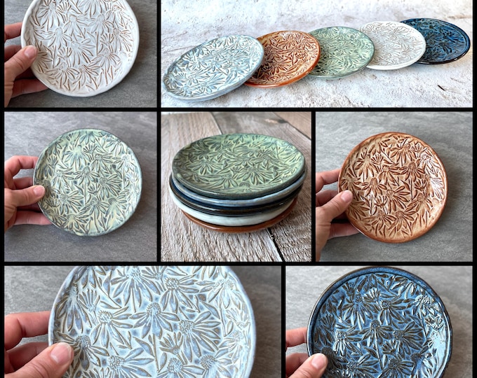 Ceramic plate with floral design 5.5"-6" wide. Wheel thrown stoneware pottery with an echinacea texture print. Choice of 6 colors