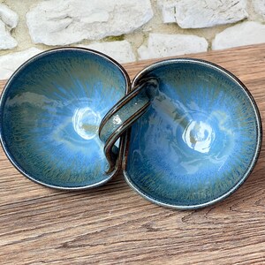 Double bowl serving dish in Storm glaze. Wheel thrown stoneware pottery party dish / condiment dish / two bowl dish /