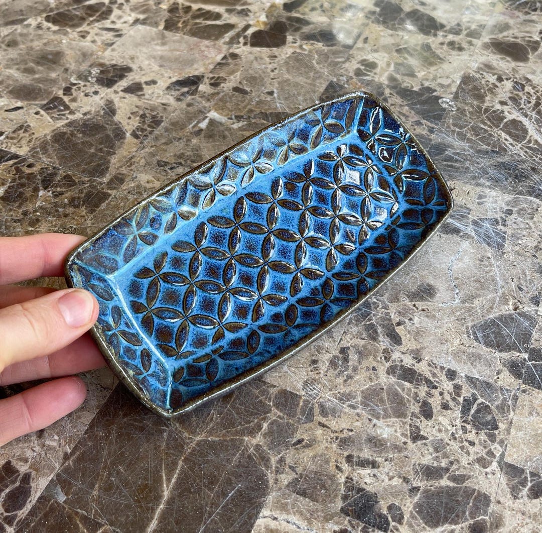 Textured Small Rounded Rectangular Tray in Celestial Blue Glaze. Unique ...