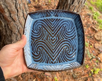 Textured 7” rounded square salad plate in Celestial Blue glaze. Unique stoneware pottery accent plate