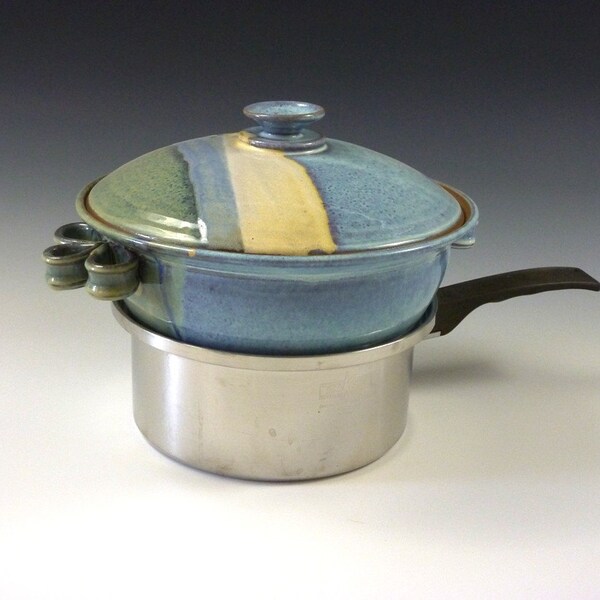 Stoneware Yunnan Steamer 2.5 Qt. in Sage and Blue "Mirage" Glaze