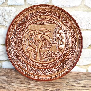 10" Wheel thrown stoneware pottery plate with unique mushroom texture design in Wheat Tan glaze image 5