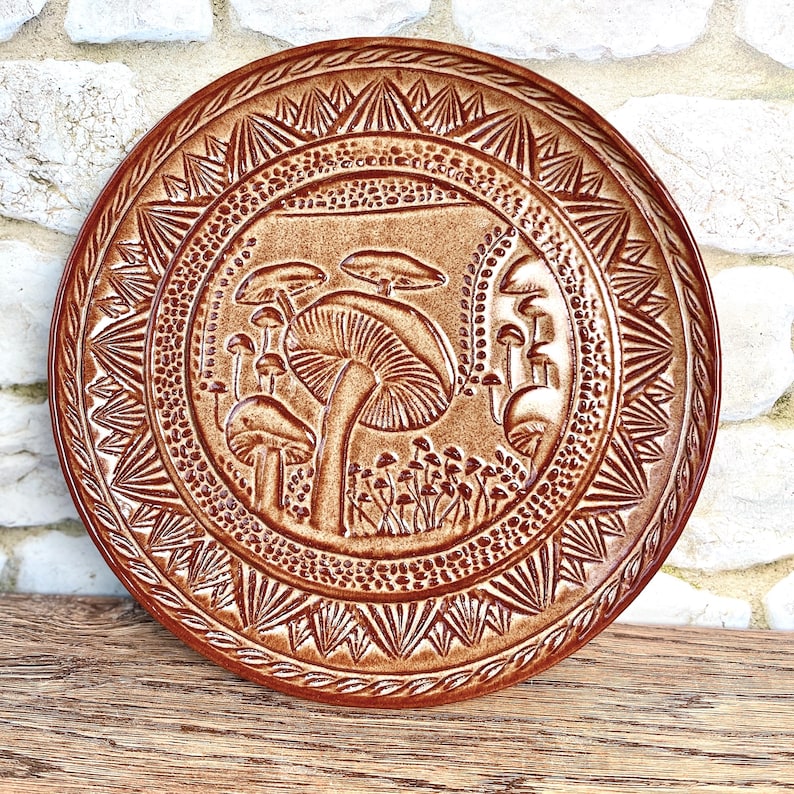 10" Wheel thrown stoneware pottery plate with unique mushroom texture design in Wheat Tan glaze image 5