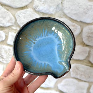 Hand thrown pottery spoon rest in Storm glaze. Wheel thrown stoneware pottery spoonrest