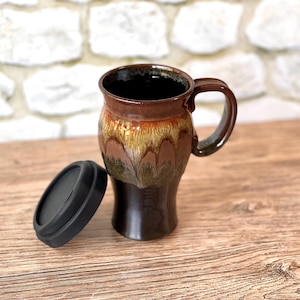 Ceramic Travel Mug in Mahogany Glaze. Wheel thrown pottery mug fits in car cup holder! 18oz capacity / commuter mug / car cup holder mug