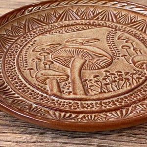 10" Wheel thrown stoneware pottery plate with unique mushroom texture design in Wheat Tan glaze image 2