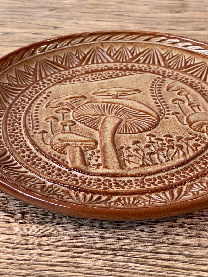 10" Wheel thrown stoneware pottery plate with unique mushroom texture design in Wheat Tan glaze image 2