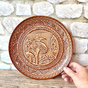 10" Wheel thrown stoneware pottery plate with unique mushroom texture design in Wheat Tan glaze image 1