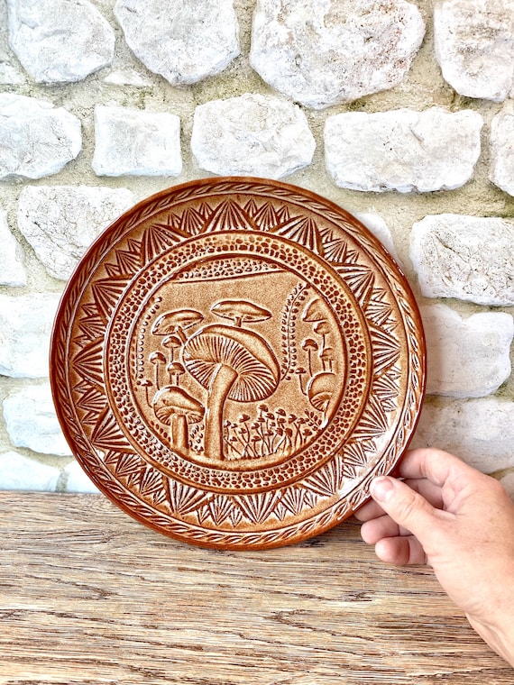 10" Wheel thrown stoneware pottery plate with unique mushroom texture design in Wheat Tan glaze