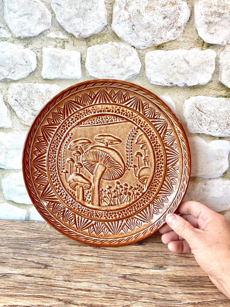 10" Wheel thrown stoneware pottery plate with unique mushroom texture design in Wheat Tan glaze image 1