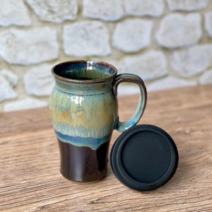 Ceramic Travel Mug in Tempest. Wheel thrown pottery mug fits in car cup holder! Silicone lid optional