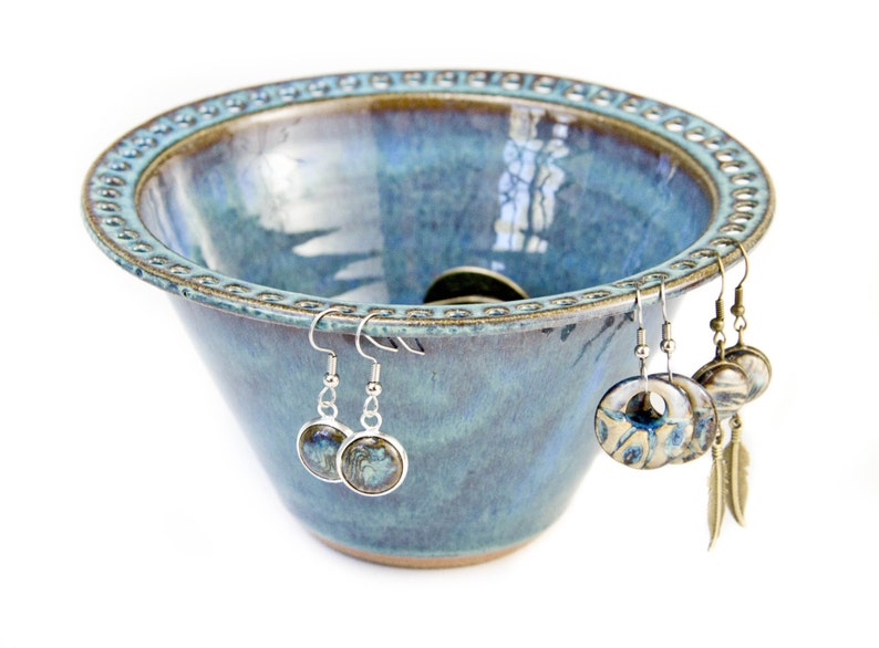 Earring Bowl in Rain Glaze foggy green/blue jewelry bowl/ earring dish/ earring organizer/ earring display now in stock & ready to ship image 3
